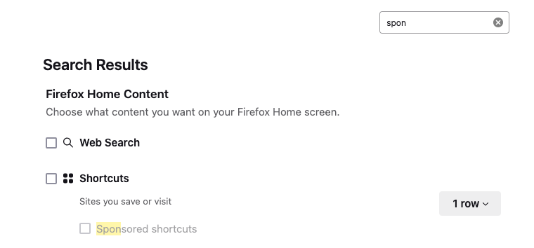Screenshot van de zoekresultaten van Firefox waarin "sponsored shortcuts" uitgeschakeld is.
